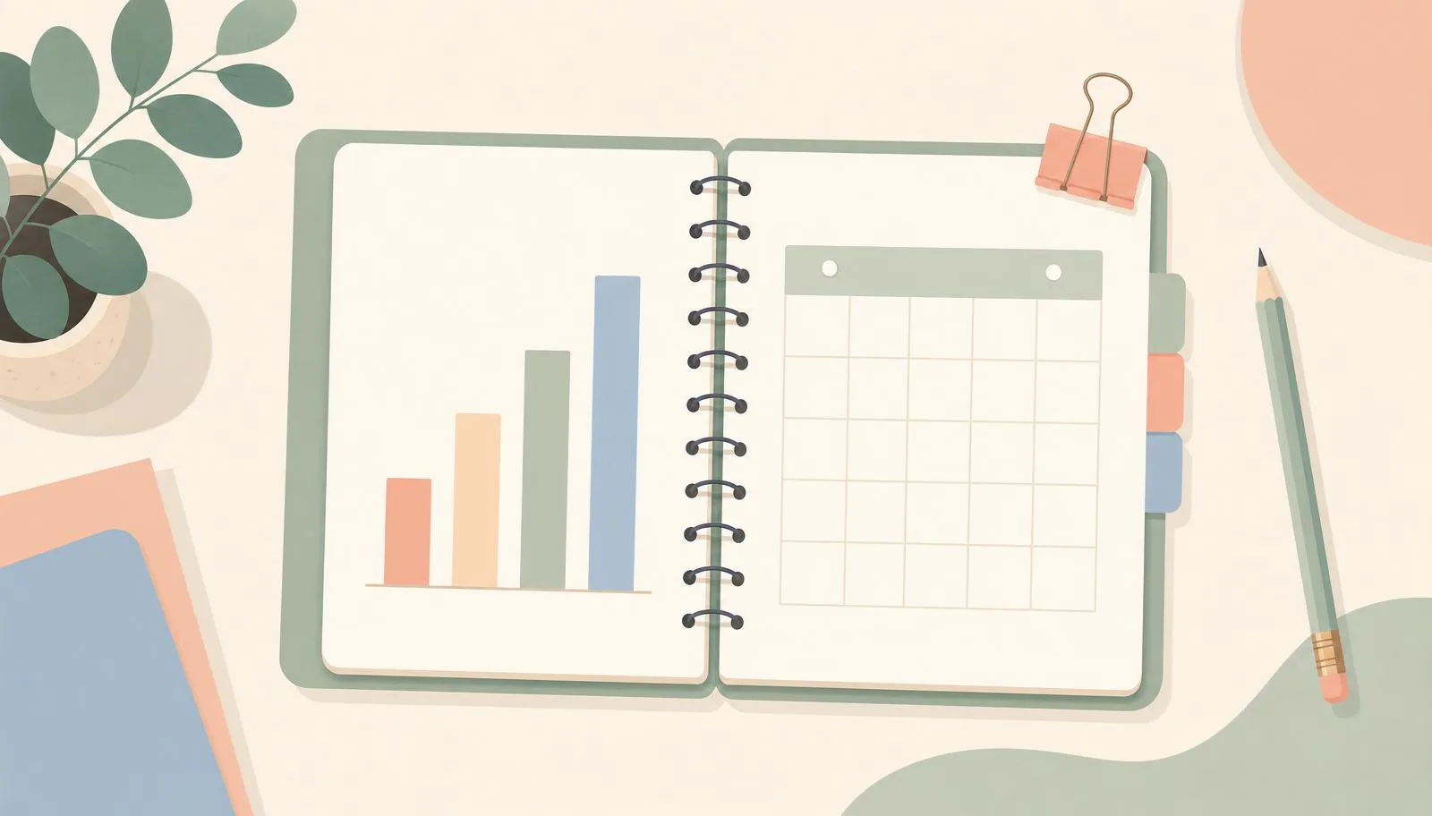 Ilustração de acompanhamento do progresso infantil com caderno e calendário.