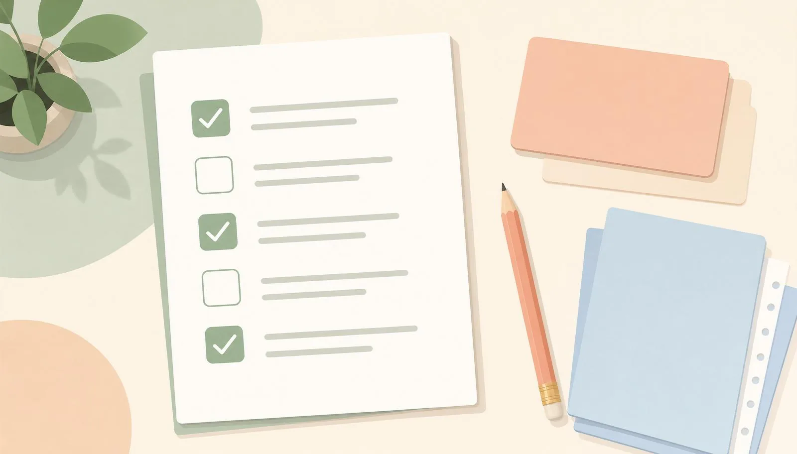Ilustração de checklist de atividades de alfabetização com materiais escolares.