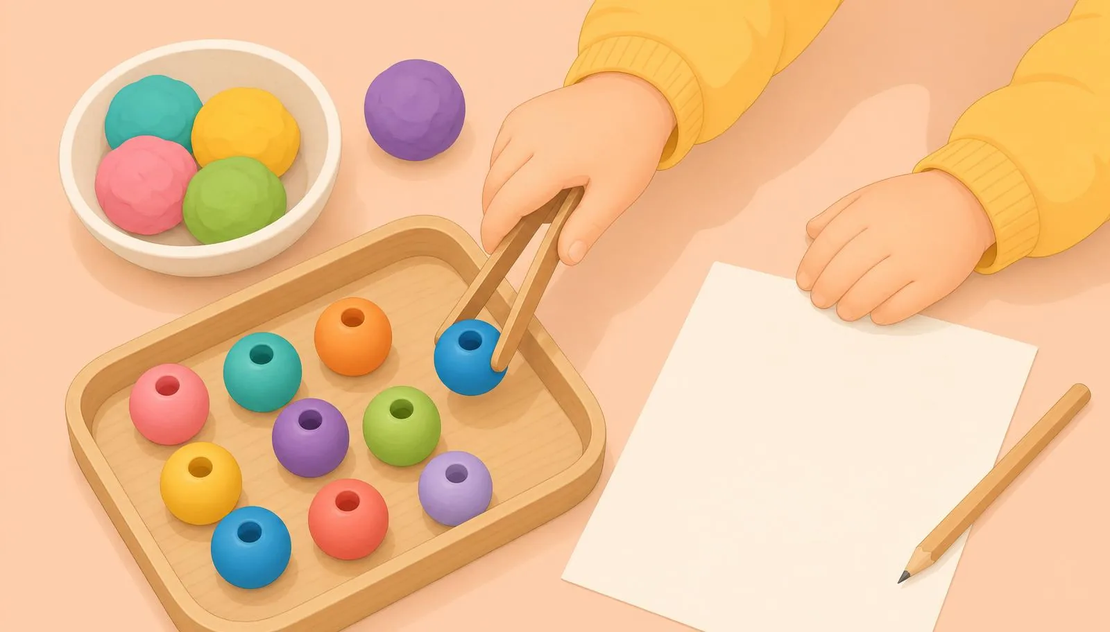 Ilustração de atividade de coordenação motora fina com massinha, pinça e materiais simples.