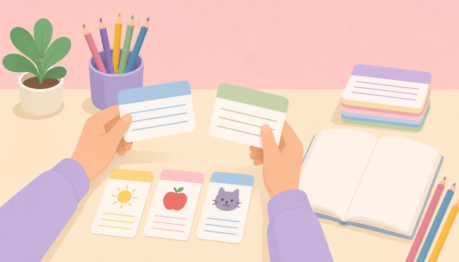 Ilustração de fichas de leitura infantil organizadas com caderno e lápis.