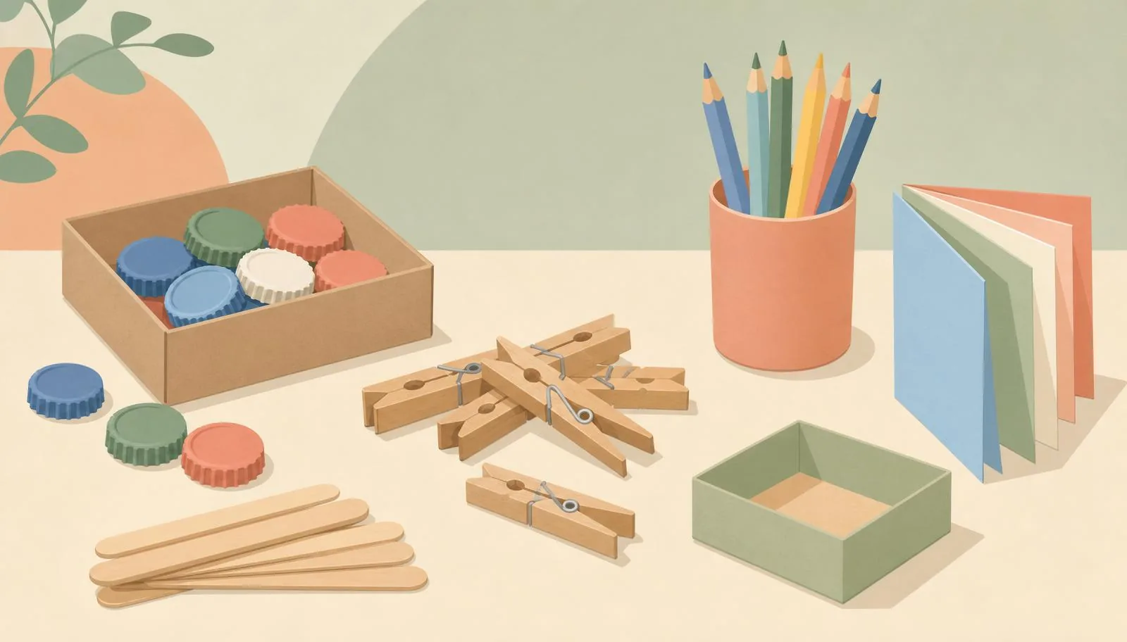 Ilustração de materiais pedagógicos baratos organizados sobre uma mesa.
