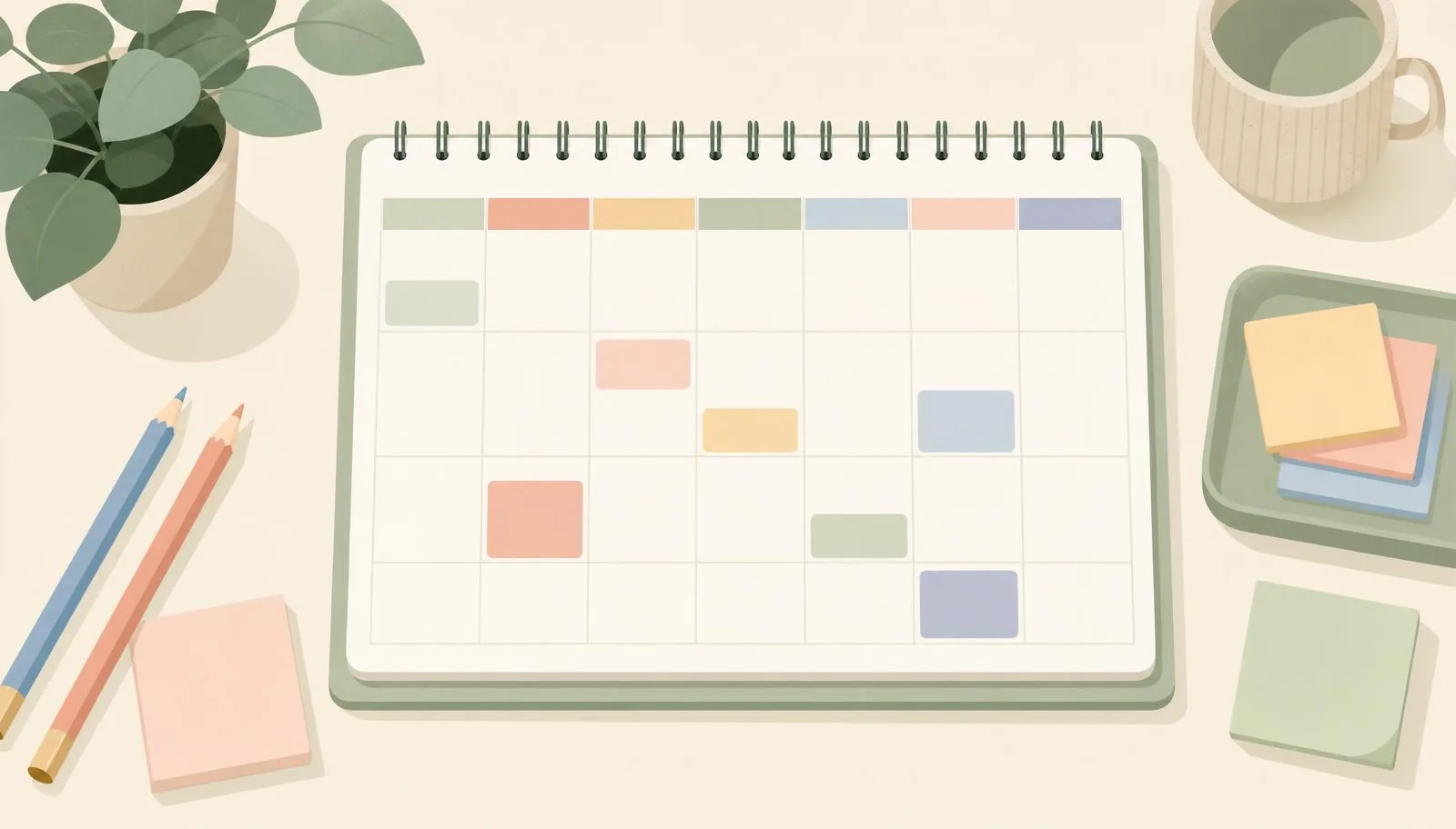 Ilustração de planejamento semanal de atividades infantis com calendário e materiais escolares.